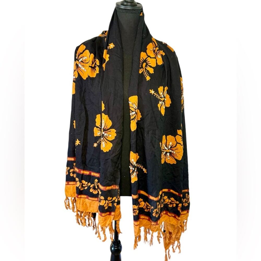 Floral Black and Orange sequined Scarf